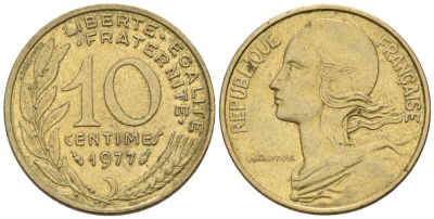Франция 10 сантимов 1977 KM 929 медь алюминий никель 4576-966