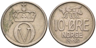 Норвегия 10 эре 1960 пчела, Улаф V (1958-1991) KM 411 медно-никель 4564-248