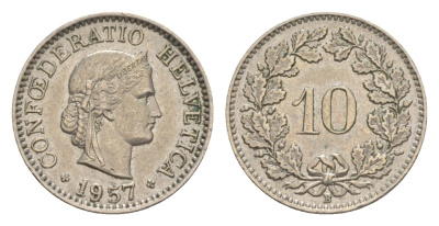 Швейцария 10 раппенов 1957 B KM 27 медно-никель 4625-231