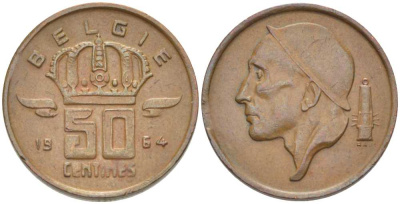 БЕЛЬГИЯ 50 САНТИМОВ 1964 BELGIE, БОДУЭН I (1951-1993) KM 149.1 бронза 206-144