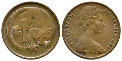 АВСТРАЛИЯ 1 ЦЕНТ 1982 ЕЛИЗАВЕТА II, МОЛОДОЙ ПОРТРЕТ, ОПОССУМ KM 62 бронза 84-213