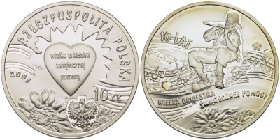 Польша 10 злотых 2003 MW, 10 лет Рождественскому оркестру KM 453 серебро PROOF 02-069-43