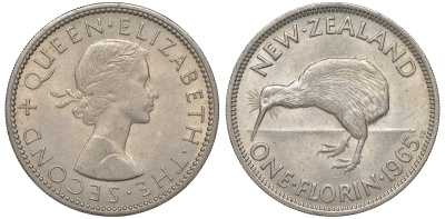 Новая Зеландия 1 флорин 1965 Елизавета II (1952-2022), птичка киви KM 28.2 медно-никель XF-UNC 51-753