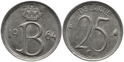 Бельгия 25 сантимов 1964 Belgique, Бодуэн I (1951-1993) KM 153.1 медно-никель 99-414