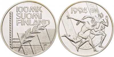Финляндия 100 марок 1994 стадион дружбы, бег KM 78 серебро UNC 1515-1141