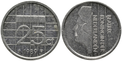 НИДЕРЛАНДЫ 25 ЦЕНТОВ 1989 БЕАТРИКС KM 204 никель 96-1259