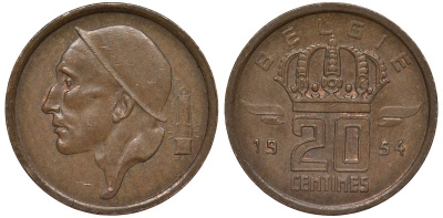 Бельгия 20 сантимов 1954 Belgie, Бодуэн I (1951-1993) KM 147.1 бронза 4164-164