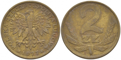 ПОЛЬША 2 ЗЛОТЫХ 1977 MW KM 80.1 латунь 112-1264