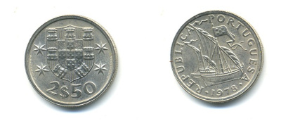 ПОРТУГАЛИЯ 2,5 ЭСКУДО 1978 ПАРУСНИК KM 590 медно-никель 176-135