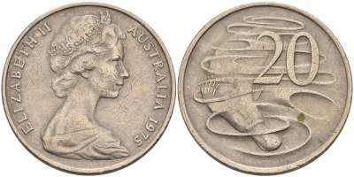 Австралия 20 центов 1975 Елизавета II (1952-2022), утконос KM 66 медно-никель 4590-534