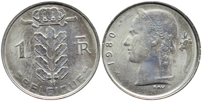 БЕЛЬГИЯ 1 ФРАНК 1980 BELGIQUE KM 142.1 медно-никель 3999-257