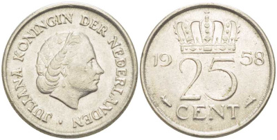 НИДЕРЛАНДЫ 25 ЦЕНТОВ 1958 ЮЛИАНА (1948-1980) KM 183 никель 214-929