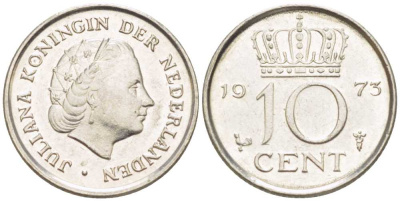 НИДЕРЛАНДЫ 10 ЦЕНТОВ 1973 ЮЛИАНА (1948-1980) KM 182 никель 214-1268