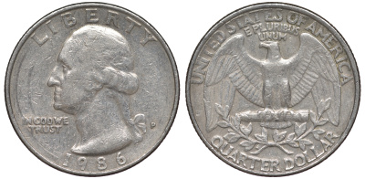 США 25 центов = квотер 1986 P, Вашингтон KM A164a медь плакированная медно-никелем 4543-436