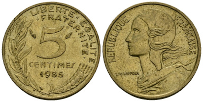 Франция 5 сантимов 1985 тип Marianne KM 933 алюминиевая бронза 4136-443