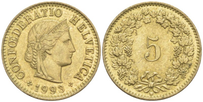 ШВЕЙЦАРИЯ 5 РАППЕНОВ 1993 В KM 26с алюминий латунь 4181-255