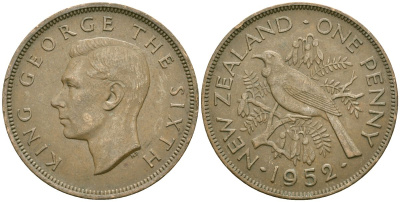 Новая Зеландия 1 пенни 1952 Георг VI (1936-1952), новозеландский туи KM 21 бронза 3457-435