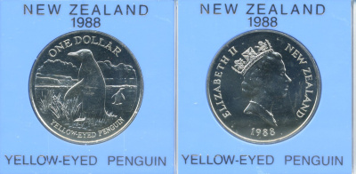 Новая Зеландия 1 доллар 1988 желтоглазый пингвин, Елизавета II (1952-2022), в оригинальной пластиковой упаковке KM 66 медно-никель UNC 00-00
