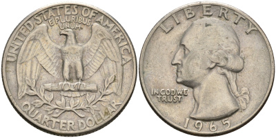 США 25 центов (квотер) 1965 Вашингтон KM 164а медь плакированная медно-никелем    4606-641