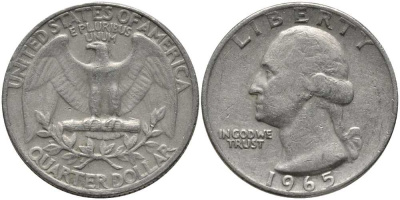 США 25 центов (квотер) 1965 Вашингтон KM 164а медь плакированная медно-никелем 113-517