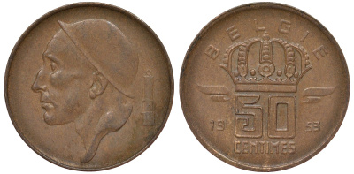 Бельгия 50 сантимов 1953 Belgie KM 145 бронза 4164-317