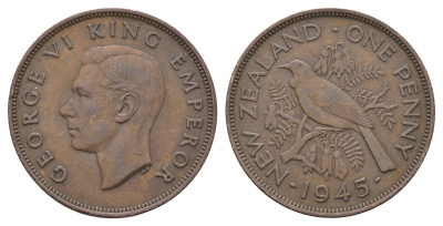 Новая Зеландия 1 пенни 1945 Георг VI (1936-1952), новозеландский туи KM 13 бронза 4672-246