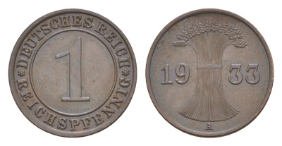 Германия 1 рейхспфенниг 1933 A KM 37, J. 313 бронза 4644-1046