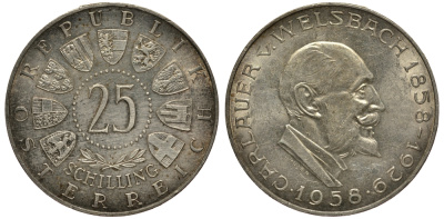 Австрия 25 шиллингов 1958 100 лет со дня рождения Карла Вельсбаха KM 2884 серебро aUNC 1520-121