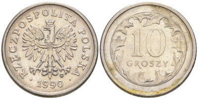 ПОЛЬША 10 ГРОШЕЙ 1990 MW KM 279 медно-никель UNC 187-919