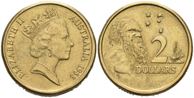 Австралия 2 доллара 1988 абориген, Елизавета II (1953-) KM 101 алюминий-бронза 4566-543