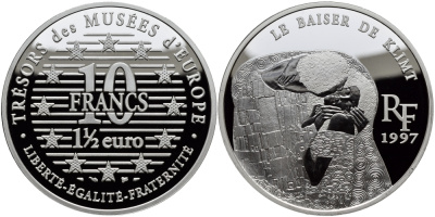 Франция 10 франков = 1 1/2 евро 1997 серия сокровища музеев Европы, “Поцелуй” Климта KM 1299 серебро PROOF 1076-9-61