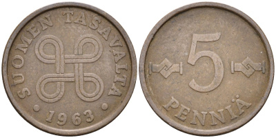Финляндия 5 пенни 1963 KM 45 медь 4585-923