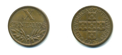 ПОРТУГАЛИЯ 10 СЕНТАВО 1967 KM 583 бронза 45-1148