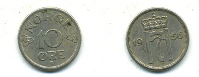 НОРВЕГИЯ 10 ЭРЕ 1956 ХОКОН VII KM 396 медно-никель 46-326