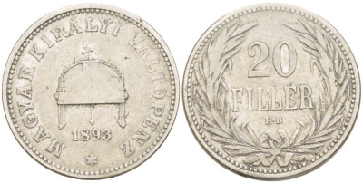 Венгрия 20 филлеров 1893 KB, Франц Иосиф I (1848-1916) KM 483 никель 117-812