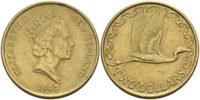 Новая Зеландия 2 доллара 1990 Елизавета II (1952-2022), большая белая цапля KM 79 алюминиевая бронза 29-723