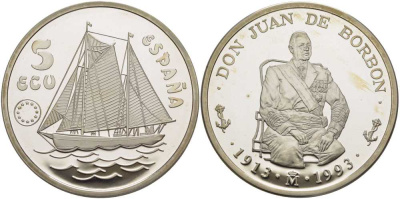 Испания 5 экю 1993 Хуан Карлос I (1913-1993), парусник, в оригинальной деревянной коробке, с сертификатом  серебро  PROOF  4-3-1-14