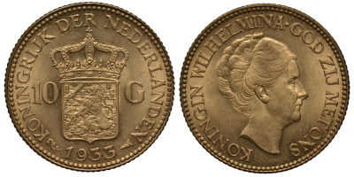 Нидерланды 10 гульденов 1933 Вильгельмина KM 162 золото UNC 00-000-00