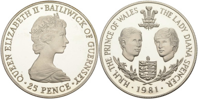 Гернси 25 пенсов 1981 свадьба принца Чарльза Уэльского и леди Дианы KM 36a серебро PROOF 7-5-1-15