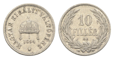 Венгрия 10 филлеров 1894 KB, Франц Иосиф I (1848-1916) KM 482 никель 4665-717