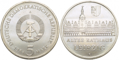 ГДР 5 марок 1984 А, Лейпциг, старая ратуша KM 96 медно-никель UNC 272-1141