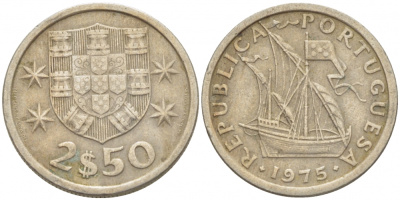 ПОРТУГАЛИЯ 2,5 ЭСКУДО 1975 ПАРУСНИК KM 590 медно-никель 3718-318