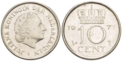 Нидерланды 10 центов 1971 Юлиана (1948-1980) KM 182 никель 4547-844