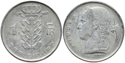 БЕЛЬГИЯ 1 ФРАНК 1959 BELGIQUE KM 142.1 медно-никель 4388-436