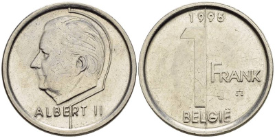 БЕЛЬГИЯ 1 ФРАНК 1993 BELGIE, АЛЬБЕРТ II (1993-) KM 188 сталь плакированная никелем 4528-1032