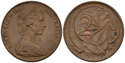 Австралия 2 цента 1975 Елизавета II (1953-), молодой портрерт, плащеносная ящерица KM 63 бронза 4601-746