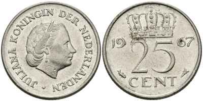 НИДЕРЛАНДЫ 25 ЦЕНТОВ 1967 ЮЛИАНА KM 183 никель 96-166
