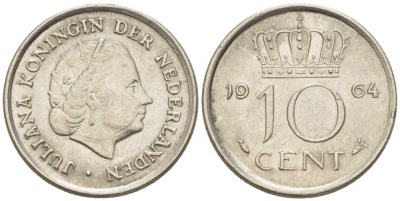 НИДЕРЛАНДЫ 10 ЦЕНТОВ 1964 ЮЛИАНА (1948-1980) KM 182 никель 214-1167