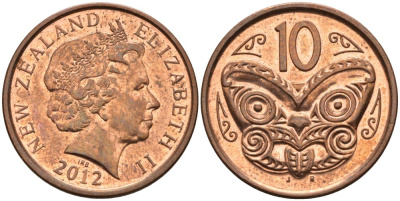 Новая Зеландия 10 центов 2012 маска Маори, Елизавета II (1952-) KM 117а сталь плакированная медью 55-223