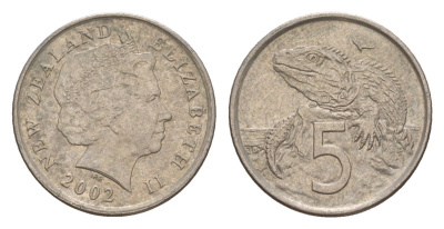 Новая Зеландия 5 центов 2002 Елизавета II (1952-2022), ящерица гаттерия KM 116 медно-никель 4588-441